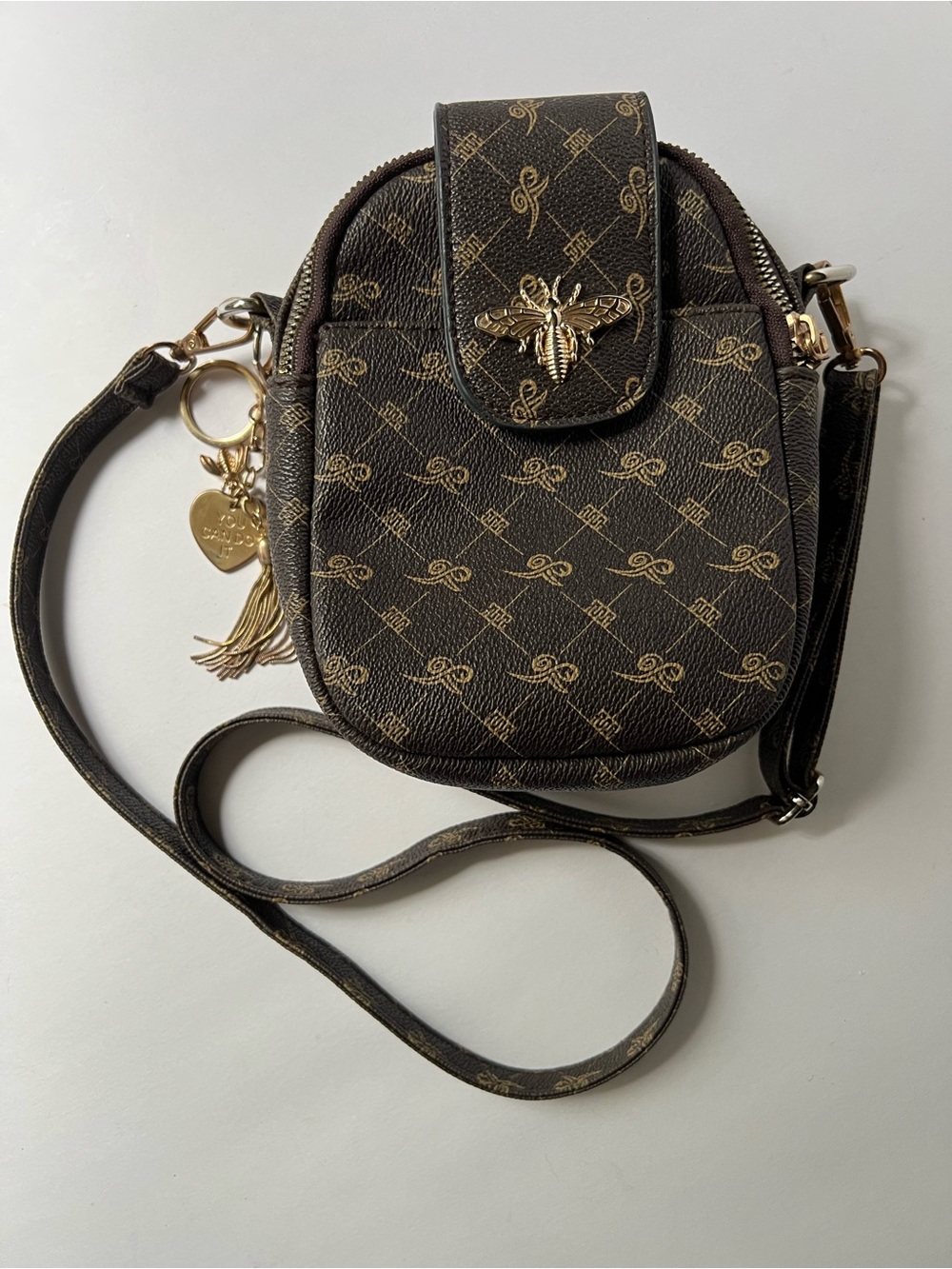 Brown Monogram Crossbody Bag with Gold Bee Accent